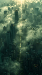 Obraz premium A city skyline with visible air pollution and smog hovering over the buildings, realistic, high detail, 8k