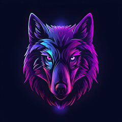 Fototapeta premium Colorful digital illustration of a wolf face with neon purple and blue hues, set against a dark background.