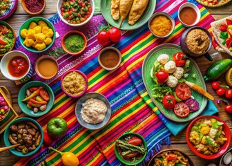 Vibrant colorful table setting with traditional Mexican dishes, decorations, and bright textiles, evoking warmth and joy of a festive family gathering celebration.