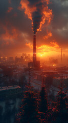 Fototapeta premium A garbage incineration plant on the outskirts of the city emitting smoke into the sky, realistic, high detail, 8k