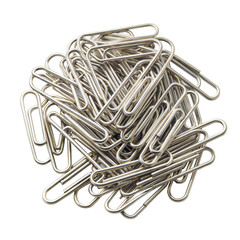 Heap of silver metal paperclips on a transparent background