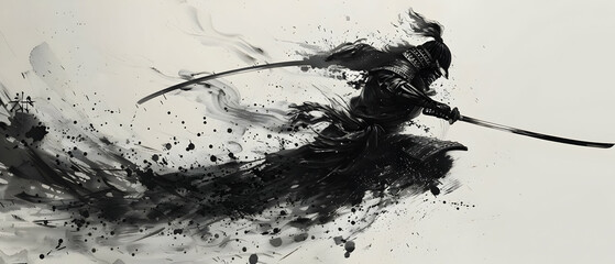 Dynamic ink painting of a samurai warrior in action, showcasing fluid motion and traditional Japanese art style.