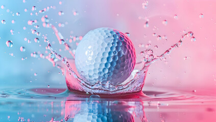 Dynamic shot of a golf ball splashing into water, captured in vibrant pink and blue lighting for a visually striking effect.