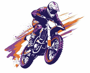 Dynamic illustration of a motocross rider in action, performing a jump with vibrant colors and energetic brush strokes.