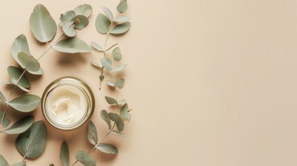 Organic eucalyptus cream in jar on beige background Top view with copy space Beauty spa product