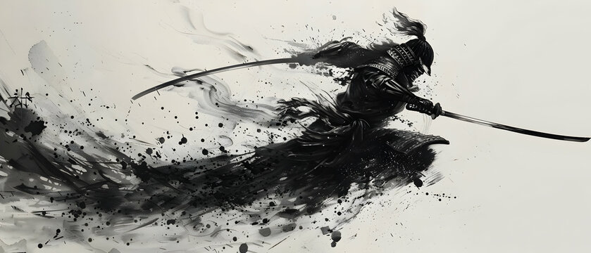 Dynamic ink painting of a samurai warrior in action, showcasing fluid motion and traditional Japanese art style.