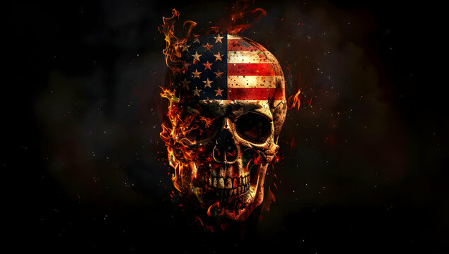 Eerie skull with American flag design, emitting flames and smoke against a dark background, symbolizing patriotism and mystery.