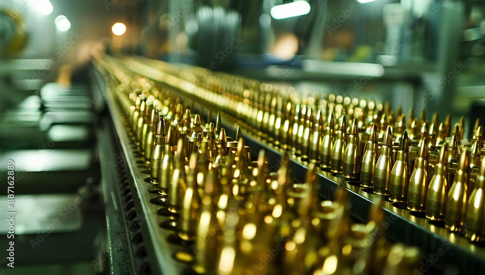 Poster gold bullets on an automated production line in a factory, showcasing the advanced manufacturing pro