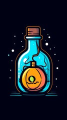 A cartoon-style illustration of a pumpkin trapped inside a glass bottle filled with blue liquid, set against a dark blue background with white dots, halloween mood