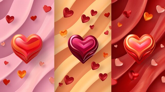 Three abstract panels each featuring a prominent heart shape center against soft gradient backgrounds with smaller cascading hearts for a romantic feel. - Powered by Adobe