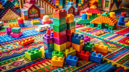 Colorful toy building blocks scattered on a vibrant Indian print blanket, with a few Blocks forming a small tower, surrounded by scattered toys and books.