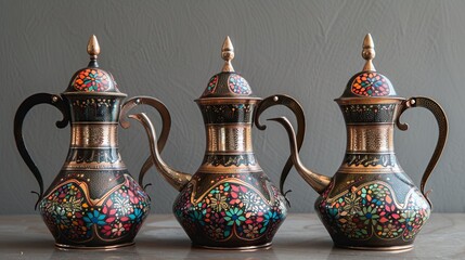 This image showcases three beautifully designed pitchers adorned with colorful floral patterns, reflecting a blend of elegance and vintage artistry, placed against a plain backdrop.