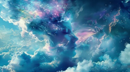 A blue and purple abstract face is formed in the clouds against a backdrop of a blue sky.