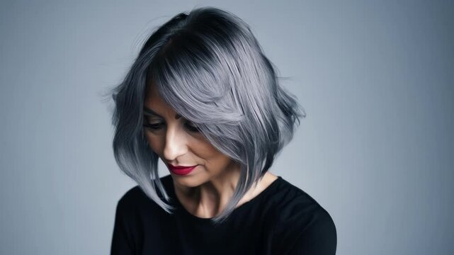 A profile shot of a greyhaired woman flaunting her edgy and stylish hair complete with blunt bangs and textured layers.