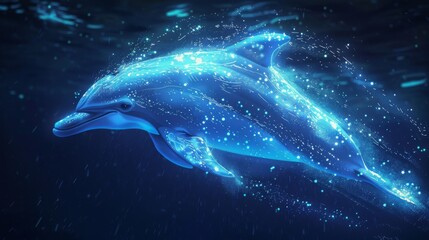 A blue dolphin swims through the water, its body shimmering with a bright, glowing light.
