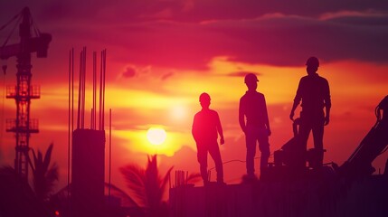Fototapeta premium Silhouetted figures of construction workers stand on a site against a vivid sunset, capturing the raw beauty and hard work involved in building and development projects.