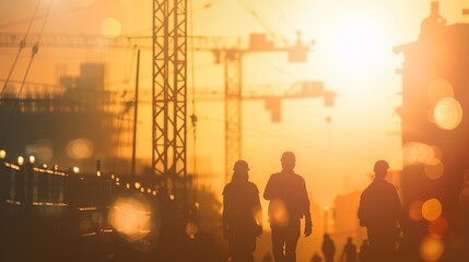 Three silhouettes of workers walk on a construction site at dawn with cranes in the background, capturing the early start and dedication needed for construction projects.