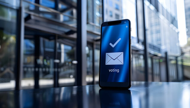Modern smartphone with voting app on screen, placed on a sleek surface in front of a glass building outdoors, symbolizing digital election process.