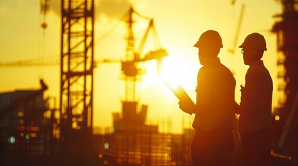 Two construction workers, silhouetted by the setting sun, stand at a construction site with equipment and cranes visible in the background, emphasizing the work environment.