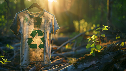 Recycled t-shirt hanging in a forest at sunrise, surrounded by nature, emphasizing sustainability and environmental awareness.