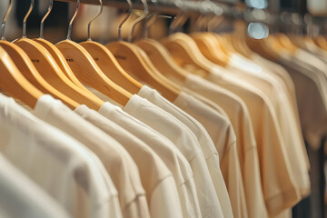 Obraz premium Row of beige t-shirts neatly hanging on wooden hangers in a clothing store. Ideal for fashion, retail, apparel, and shopping concepts.