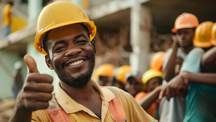 Smiling construction worker giving a thumbs up, celebrating teamwork and safety at a building site with colleagues in the background.