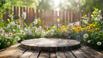 Sunlit wooden outdoor deck surrounded by vibrant blooming flowers and lush green foliage in a peaceful garden setting.