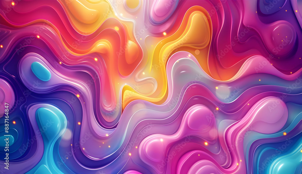 Poster vibrant abstract background blending multiple bright colors in a fluid, wavy pattern with soft light