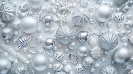 Background of white and silver balls with holiday sweets