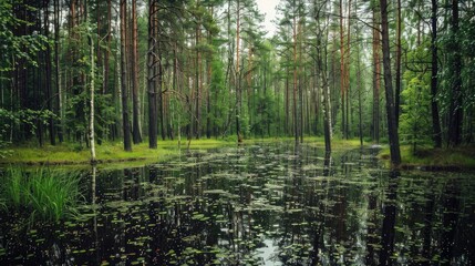 Fototapeta premium Background photo of a pine forest bay with a swamp and splashes for wallpaper
