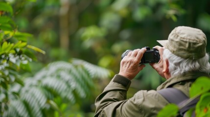 Fototapeta premium Elderly couple on a wildlife expedition, capturing photos of exotic animals in their natural habitat, sharing the excitement of their discovery