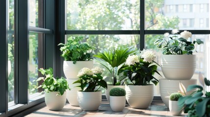Fototapeta premium Balcony full of white plant pots