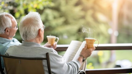 Elderly couple relaxing on a cozy porch, sipping tea and reading books, embodying tranquility and enjoyment during their downtime