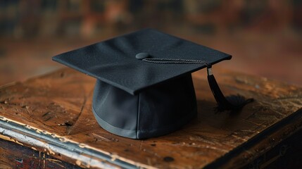 A black graduation cap rests on an old wooden surface, with a blurred background, symbolizing the culmination of hard work and the transition from student to graduate.
