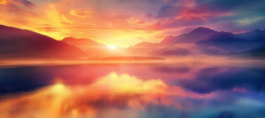 Fototapeta premium A breathtaking sunset over a serene lake, with mountains covered in mist. The sky is painted with vibrant shades of orange, pink, and purple, 