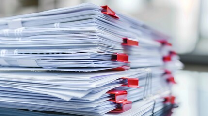 A neatly arranged stack of documents, all held together by red paper clips, representing meticulous organization and attention to detail in an office setting.