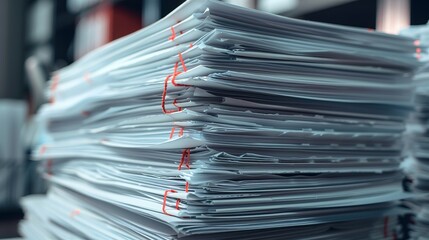 Stacks of papers bound by red paper clips in an office environment, representing the accumulation and organization of important documents for efficient workflow.