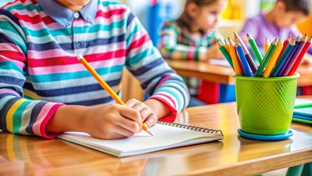 Close-up of colorful classroom desk with pencils, notebook, and worksheets, showcasing a child's hand holding a pencil, engaged in writing classwork and taking notes creatively.