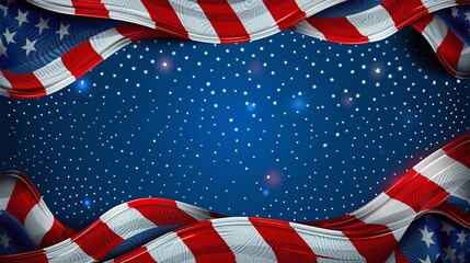 Obraz premium An elaborate design of American flag-inspired ribbons and stars set against a dark blue background, representing patriotism, freedom, and national unity.