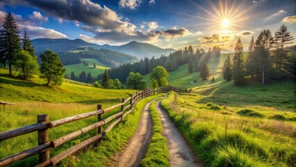 Sun-drenched trails wind through lush green meadows and rustic wooden fences, leading to a serene summer landscape devoid of human presence.