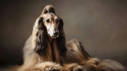A majestic dog with long flowing fur sits against a dark, artistically styled background. The dog's regal pose and calm expression make this a striking and elegant photograph.