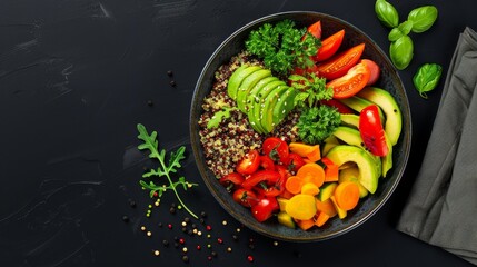 A top view of a cruelty-free vegan meal on a black background, featuring colorful vegetables, quinoa, and avocado, beautifully arranged on a rustic plate