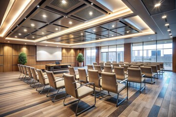 Modern conference hall with sleek chairs, polished floor, and advanced audiovisual equipment, illuminated by soft natural light, exudes professionalism and sophistication.