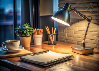 Closeup of a clutter-free desk at night, lit only by a desk lamp, with a notebook, pen, and scattered notes, conveying a sense of focused creativity and planning.