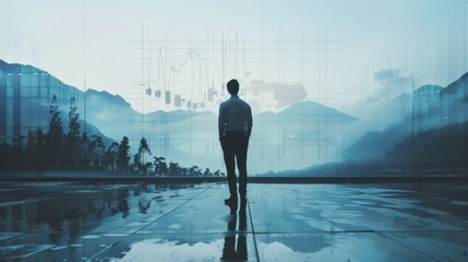 A man stands alone, gazing at a distant, misty mountain range through a large window, contemplating the future as data visualizations and charts appear overlaid on the view