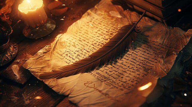 A close-up of a handwritten manuscript, illuminated by a flickering candle, with a quill pen resting on the parchment.