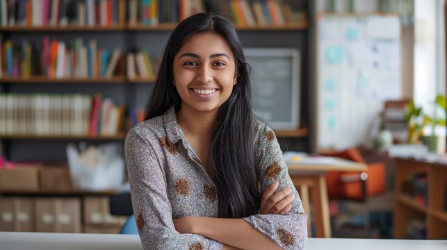 Confident Bangladeshi Female Student Smiling in Library Classroom, Ideal for Educational Posters and Brochures