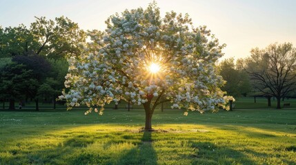 Obraz premium A blossoming white apple tree in the park at sunset in May