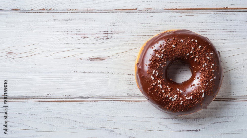 Poster a donut made of chocolate on a white wooden surface with space for text