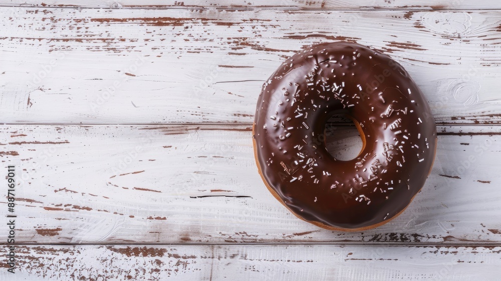 Poster a donut made of chocolate on a white wooden surface with space for text
